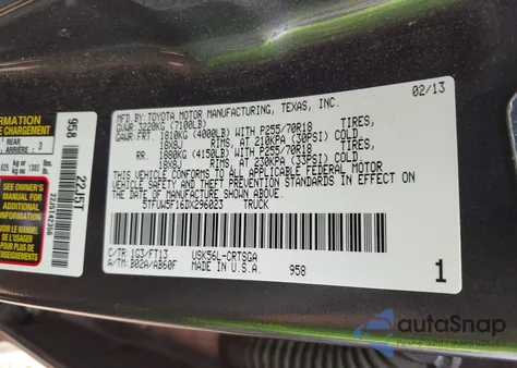 2013 Toyota Tundra Grade 5.7L V8 из США, поврежденный, VIN 5TFUW5F16DX296023